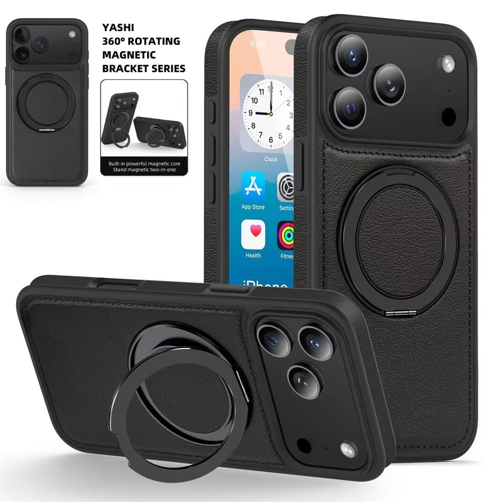 Luxury iPhone Case — Wax PU Leather Magnetic Cover with 360° Rotating Ring Stand, Wireless-Charging Safe Design and Business Shockproof Protection