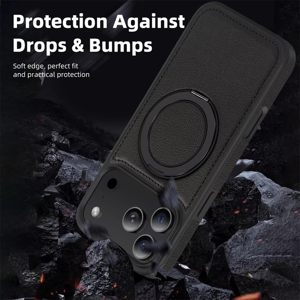 Luxury iPhone Case — Wax PU Leather Magnetic Cover with 360° Rotating Ring Stand, Wireless-Charging Safe Design and Business Shockproof Protection