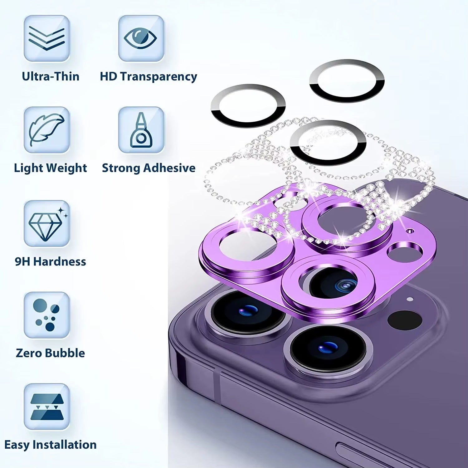 Luxury iPhone Diamond Camera Lens Protector, Metal Glass Lens Cover with Full Coverage, Scratch Resistance & Decorative Protection