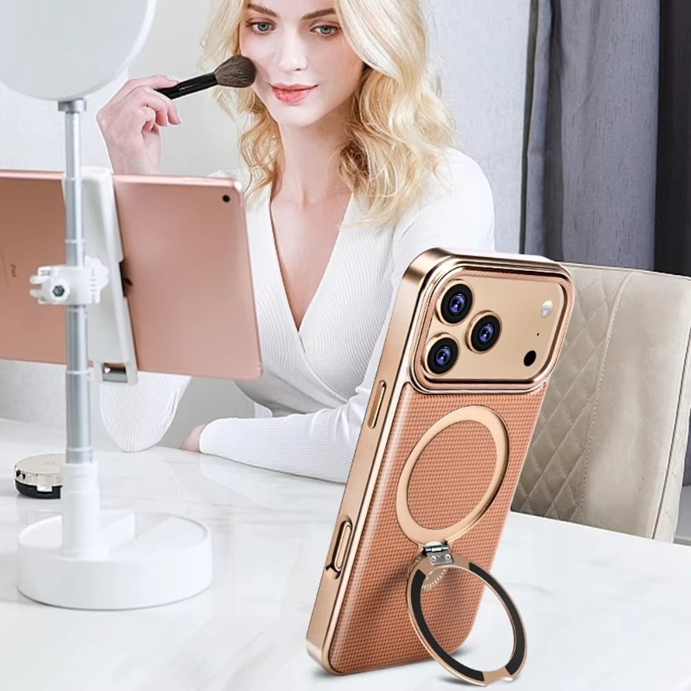 Luxury iPhone Case — Diamond Pattern Leather MagSafe Cover with Rotating Bracket Holder, Full-Coverage Shockproof Protection and Anti-Fingerprint Finish