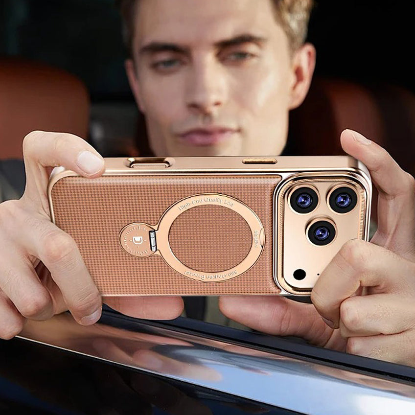 Luxury iPhone Case — Diamond Pattern Leather MagSafe Cover with Rotating Bracket Holder, Full-Coverage Shockproof Protection and Anti-Fingerprint Finish