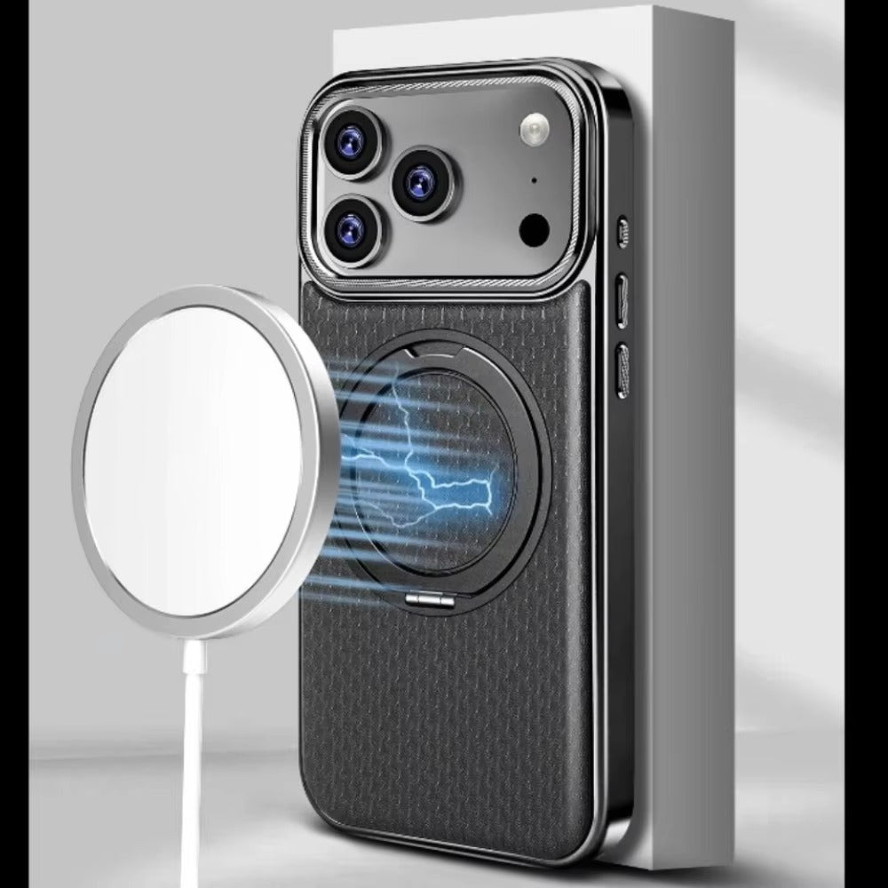 Luxury iPhone Case — Diamond Pattern Leather MagSafe Cover with Rotating Bracket Holder, Full-Coverage Shockproof Protection and Anti-Fingerprint Finish
