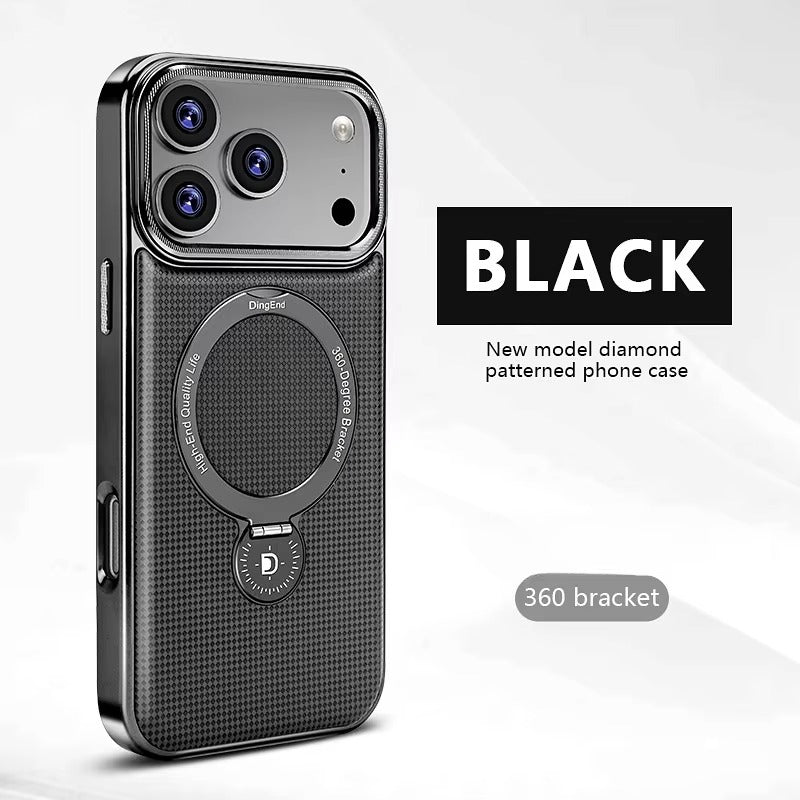 Luxury iPhone Case — Diamond Pattern Leather MagSafe Cover with Rotating Bracket Holder, Full-Coverage Shockproof Protection and Anti-Fingerprint Finish