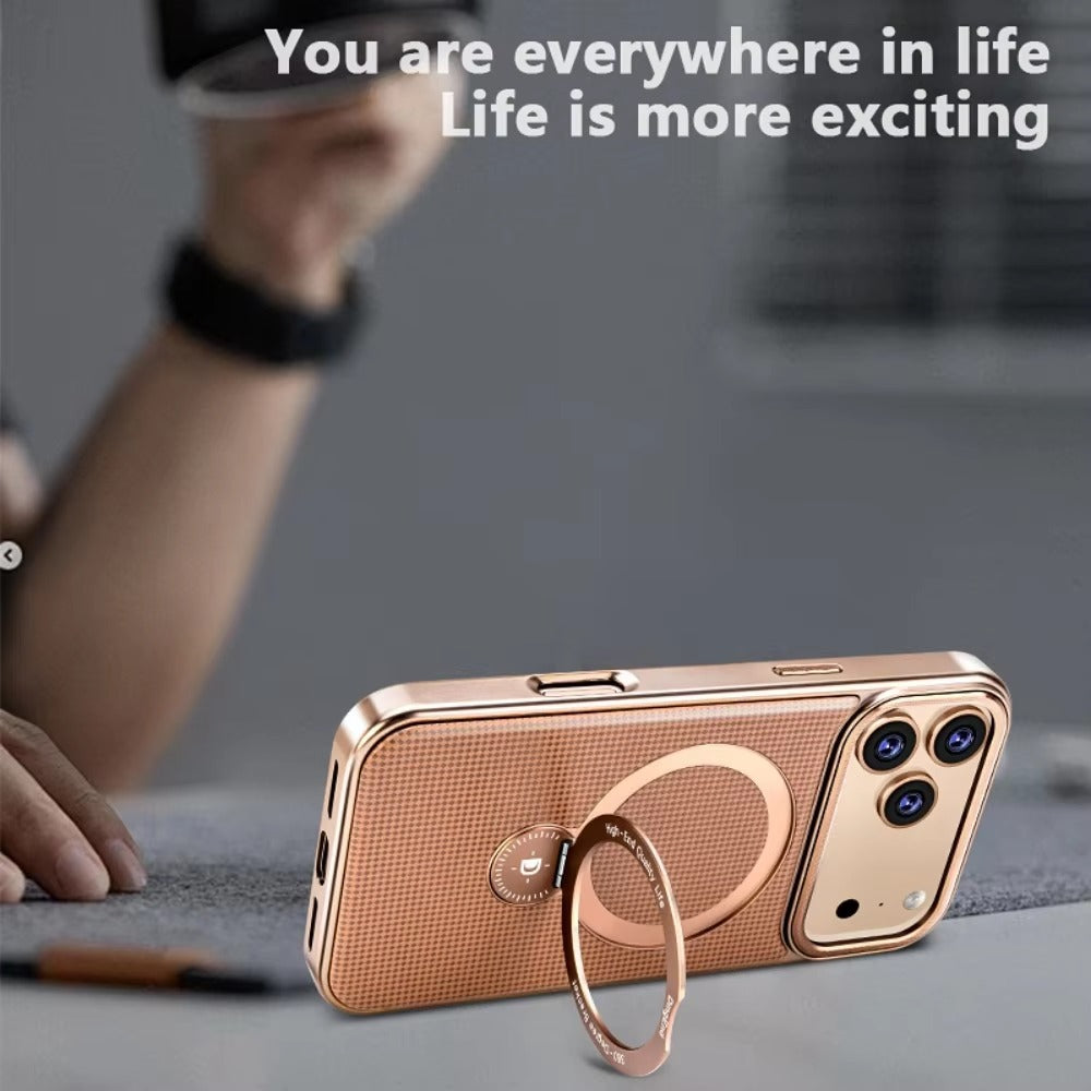 Luxury iPhone Case — Diamond Pattern Leather MagSafe Cover with Rotating Bracket Holder, Full-Coverage Shockproof Protection and Anti-Fingerprint Finish