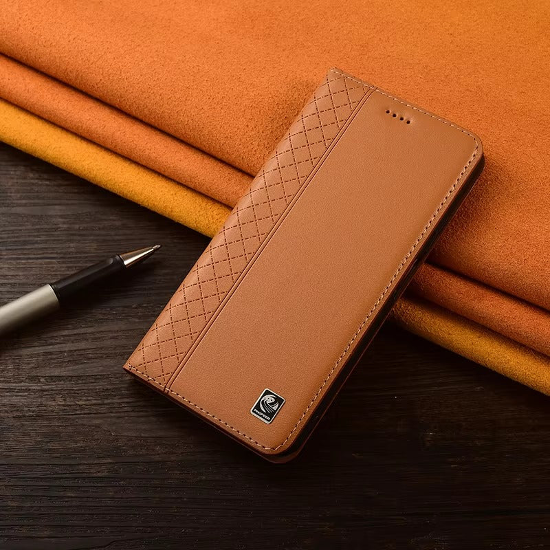 Luxury iPhone Case — Genuine Leather Flip Cover with Magnetic Closure, Card Slot Holder, Business-Style Kickstand and Full-Body Shockproof Protection