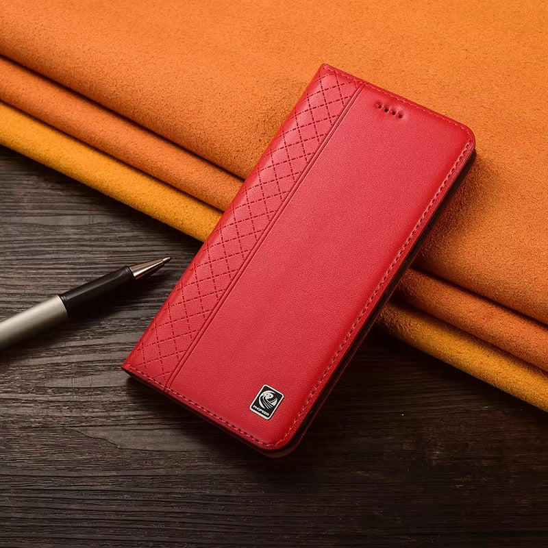 Luxury iPhone Case — Genuine Leather Flip Cover with Magnetic Closure, Card Slot Holder, Business-Style Kickstand and Full-Body Shockproof Protection