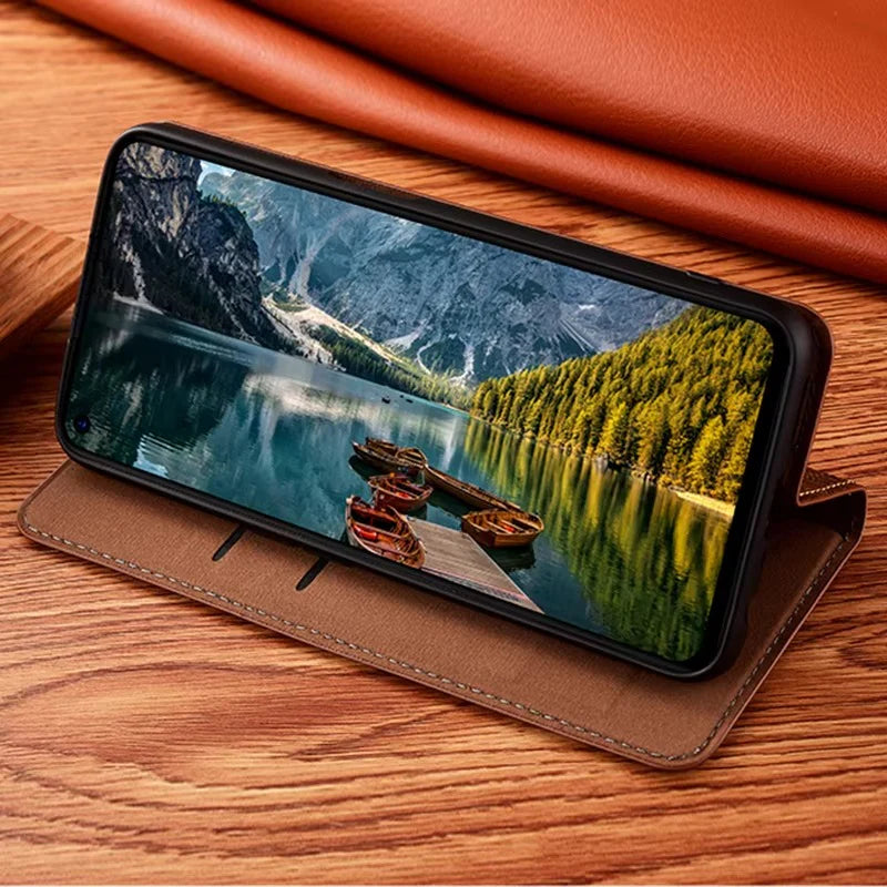 Luxury iPhone Case — Genuine Leather Flip Cover with Magnetic Closure, Card Slot Holder, Business-Style Kickstand and Full-Body Shockproof Protection