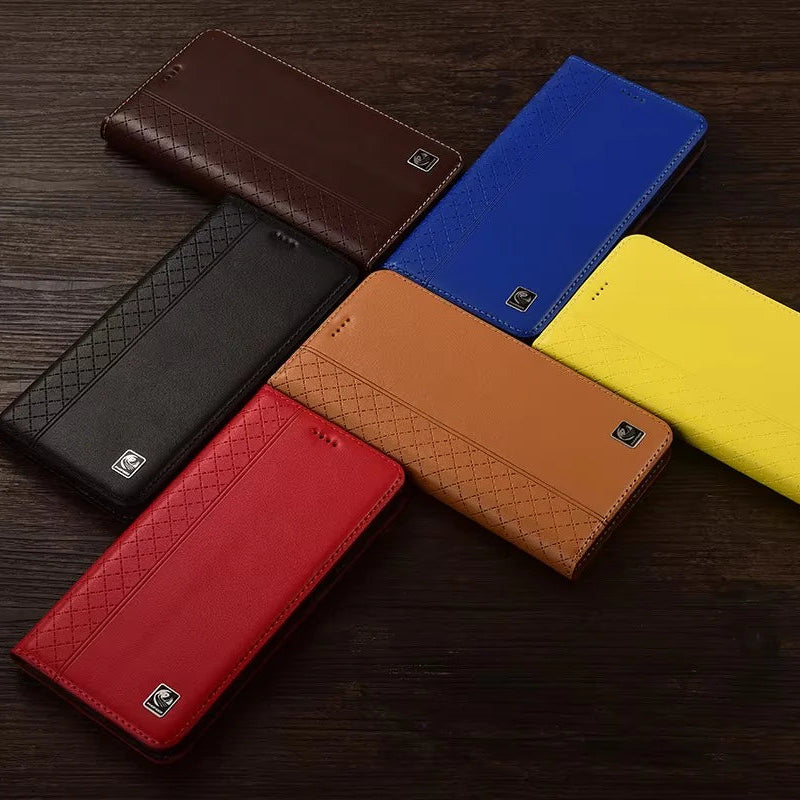 Luxury iPhone Case — Genuine Leather Flip Cover with Magnetic Closure, Card Slot Holder, Business-Style Kickstand and Full-Body Shockproof Protection