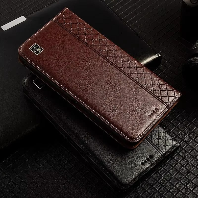 Luxury iPhone Case — Genuine Leather Flip Cover with Magnetic Closure, Card Slot Holder, Business-Style Kickstand and Full-Body Shockproof Protection