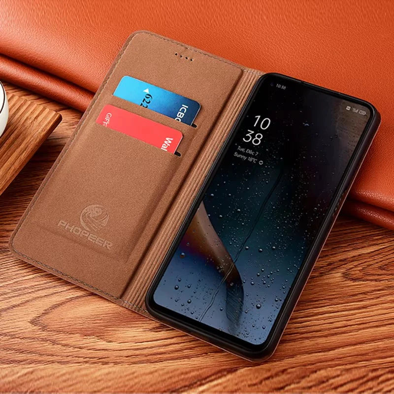 Luxury iPhone Case — Genuine Leather Flip Cover with Magnetic Closure, Card Slot Holder, Business-Style Kickstand and Full-Body Shockproof Protection