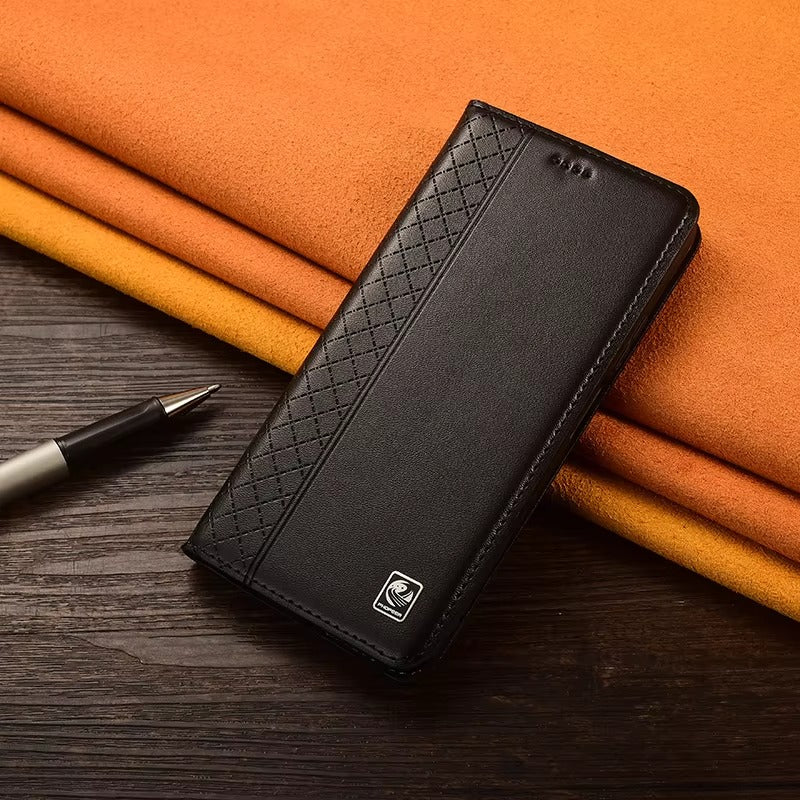 Luxury iPhone Case — Genuine Leather Flip Cover with Magnetic Closure, Card Slot Holder, Business-Style Kickstand and Full-Body Shockproof Protection