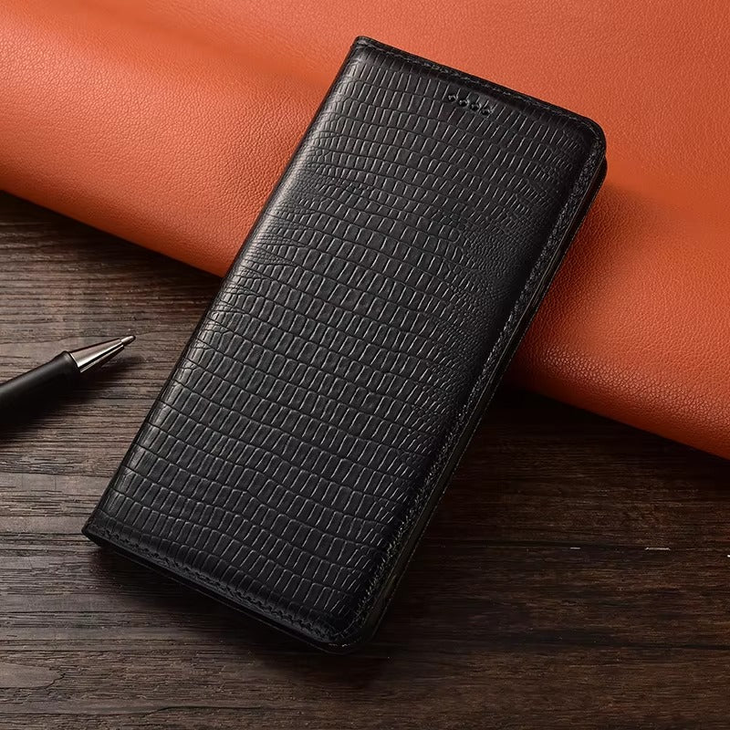 Luxury iPhone Case — Genuine Lizard Leather Flip Wallet Cover with Magnetic Closure, Kickstand Holder, Dustproof Non-Slip Design and Premium Full-Body Protection