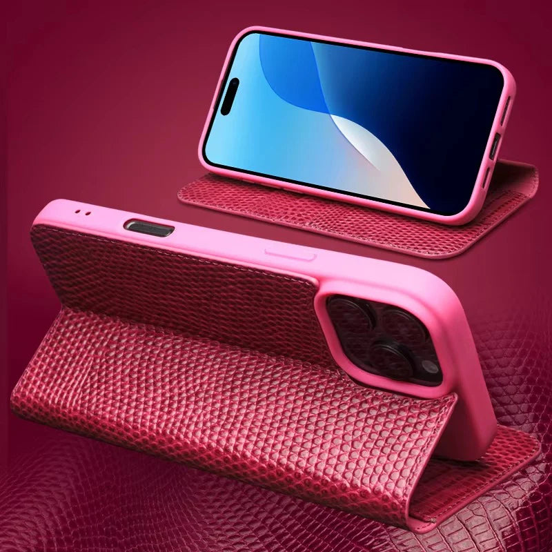 Luxury iPhone Case — Genuine Lizard Leather Flip Wallet Cover with Magnetic Closure, Kickstand Holder, Dustproof Non-Slip Design and Premium Full-Body Protection