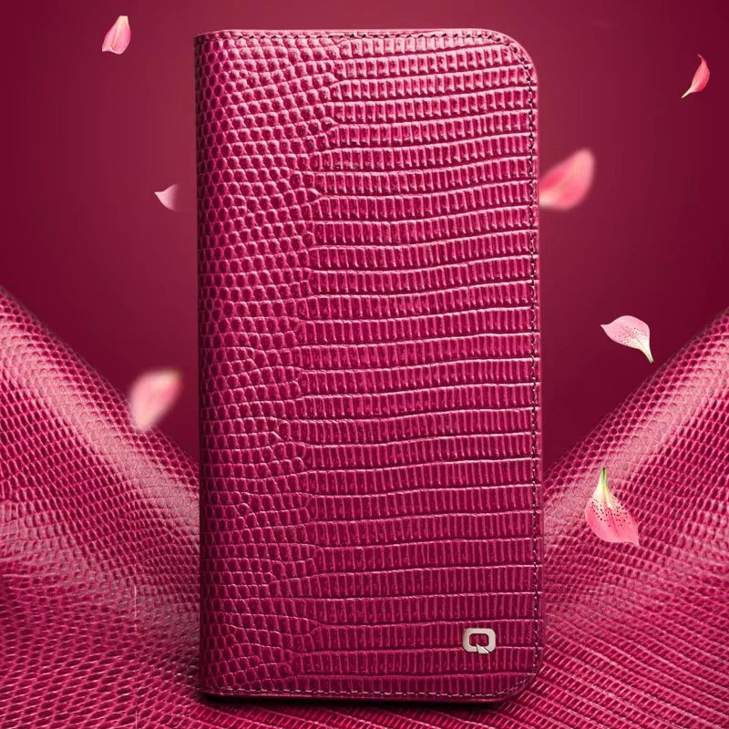 Luxury iPhone Case — Genuine Lizard Leather Flip Wallet Cover with Magnetic Closure, Kickstand Holder, Dustproof Non-Slip Design and Premium Full-Body Protection