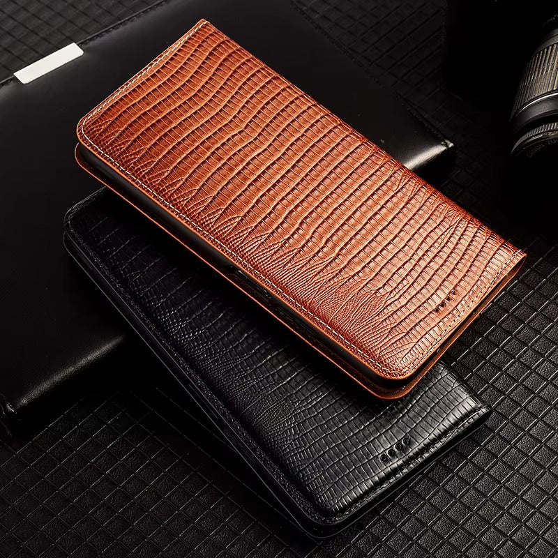 Luxury iPhone Case — Genuine Lizard Leather Flip Wallet Cover with Magnetic Closure, Kickstand Holder, Dustproof Non-Slip Design and Premium Full-Body Protection
