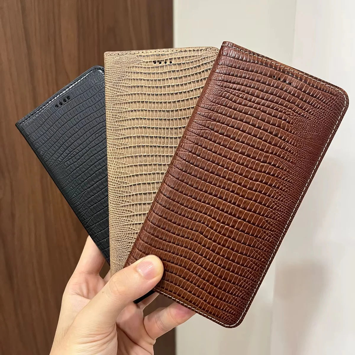 Luxury iPhone Case — Genuine Lizard Leather Flip Wallet Cover with Magnetic Closure, Kickstand Holder, Dustproof Non-Slip Design and Premium Full-Body Protection