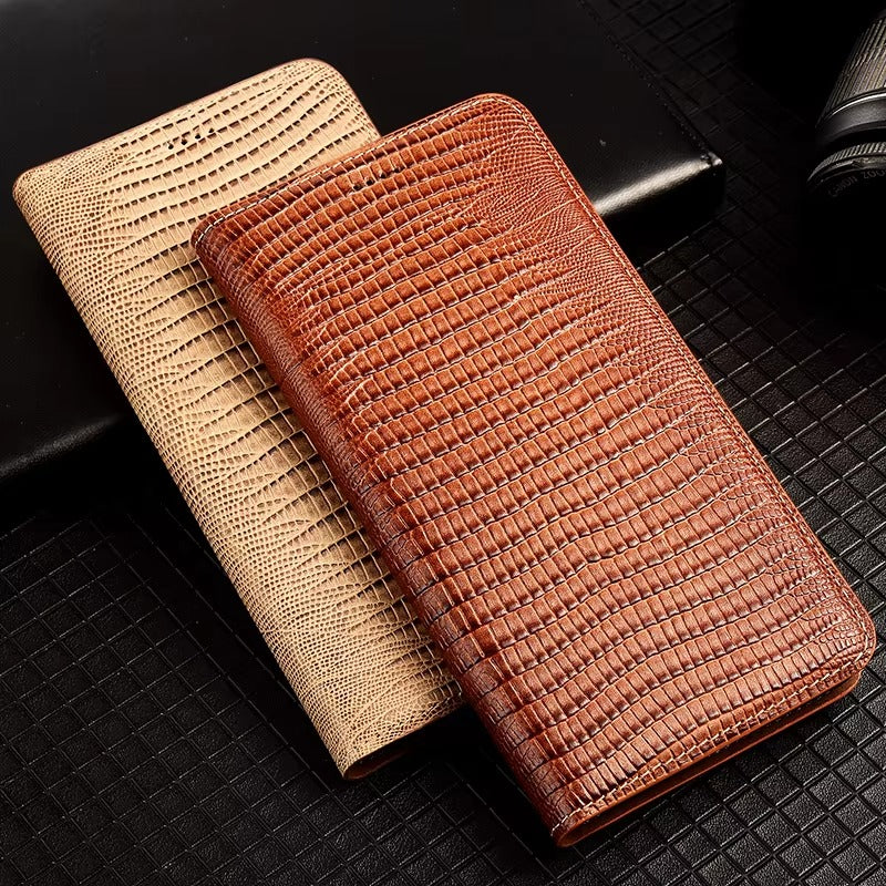 Luxury iPhone Case — Genuine Lizard Leather Flip Wallet Cover with Magnetic Closure, Kickstand Holder, Dustproof Non-Slip Design and Premium Full-Body Protection