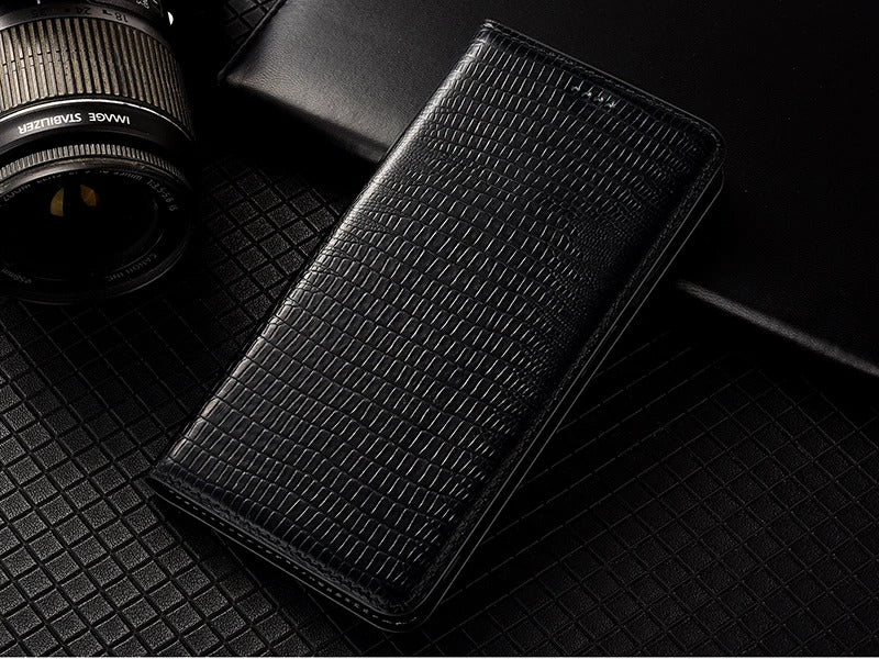 Luxury iPhone Case — Genuine Lizard Leather Flip Wallet Cover with Magnetic Closure, Kickstand Holder, Dustproof Non-Slip Design and Premium Full-Body Protection