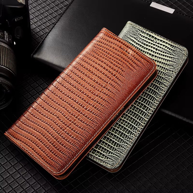 Luxury iPhone Case — Genuine Lizard Leather Flip Wallet Cover with Magnetic Closure, Kickstand Holder, Dustproof Non-Slip Design and Premium Full-Body Protection