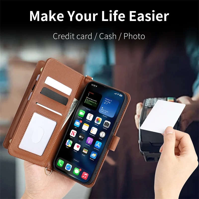 Luxury iPhone Case — Leather Flip Wallet Cover with Card Holder, Shockproof Protective Design and Stylish Full-Body Functionality
