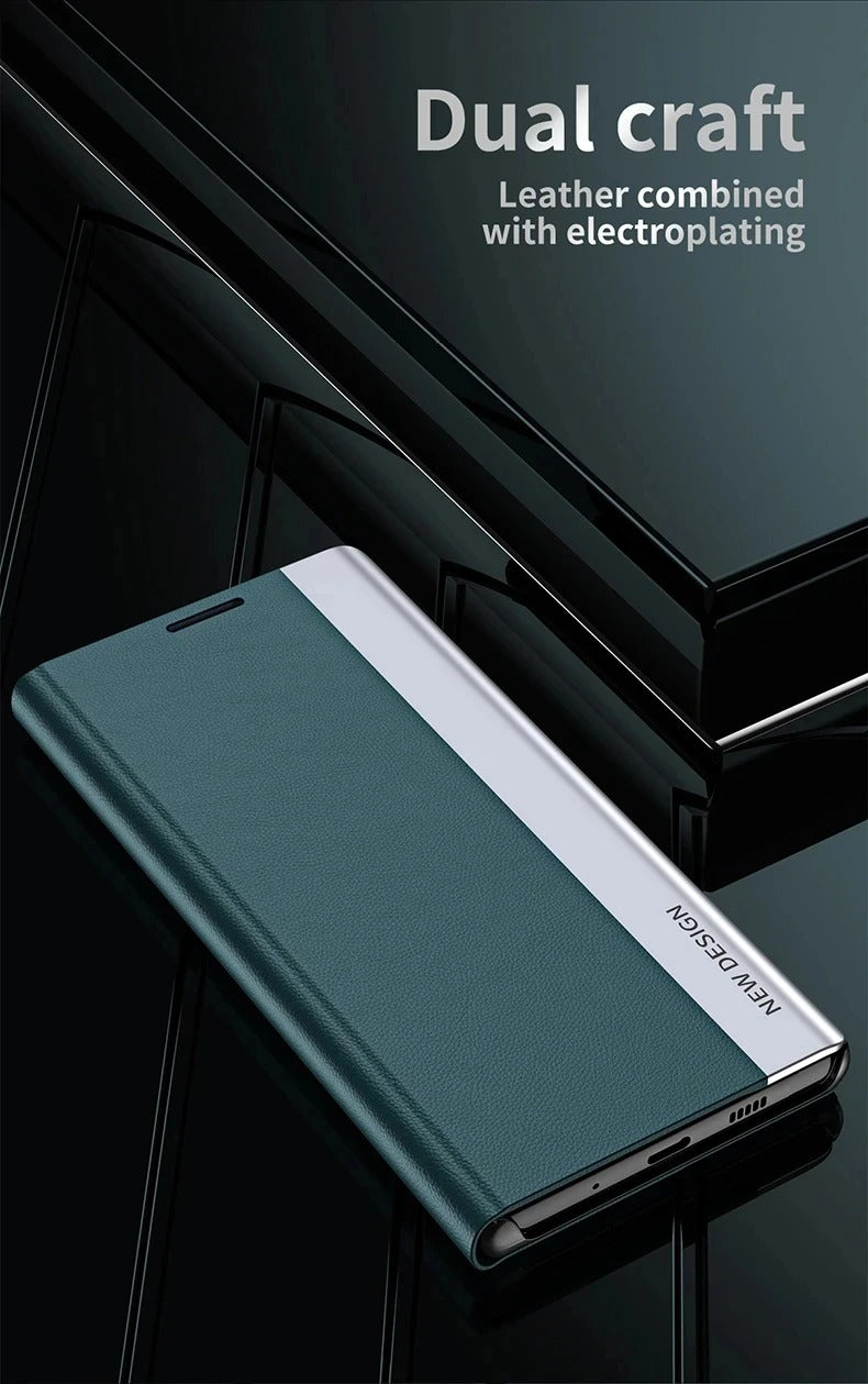 Luxury iPhone Case — Leather Flip Cover with Plating Book-Style Design, Kickstand Holder, Shockproof Protection and Anti-Fingerprint Matte Finish