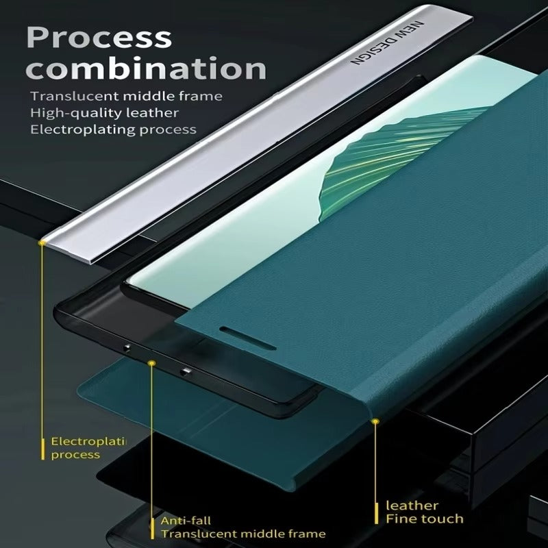 Luxury iPhone Case — Leather Flip Cover with Plating Book-Style Design, Kickstand Holder, Shockproof Protection and Anti-Fingerprint Matte Finish