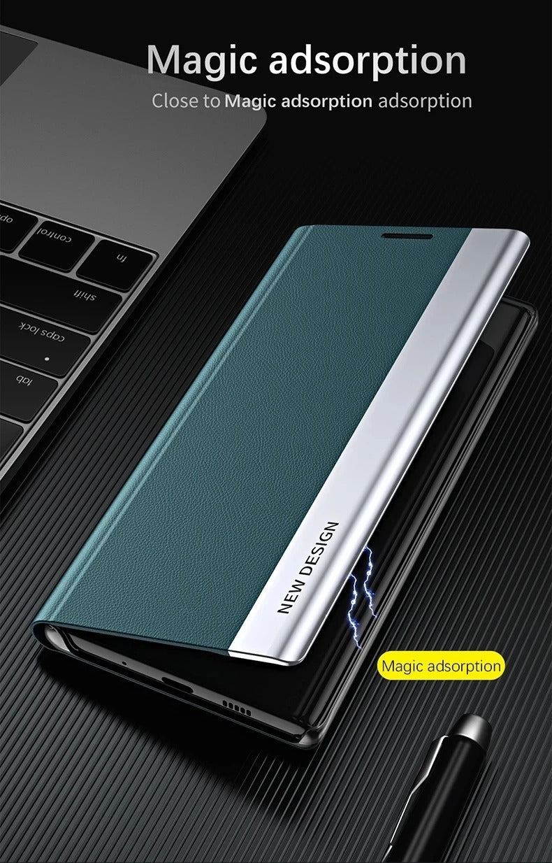 Luxury iPhone Case — Leather Flip Cover with Plating Book-Style Design, Kickstand Holder, Shockproof Protection and Anti-Fingerprint Matte Finish