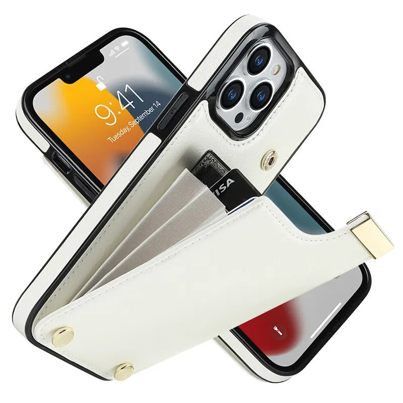 Luxury iPhone Case — Leather Wallet Cover with Card Holders, Kickstand Function, Full-Body Shockproof Protection in a Stylish Functional Design