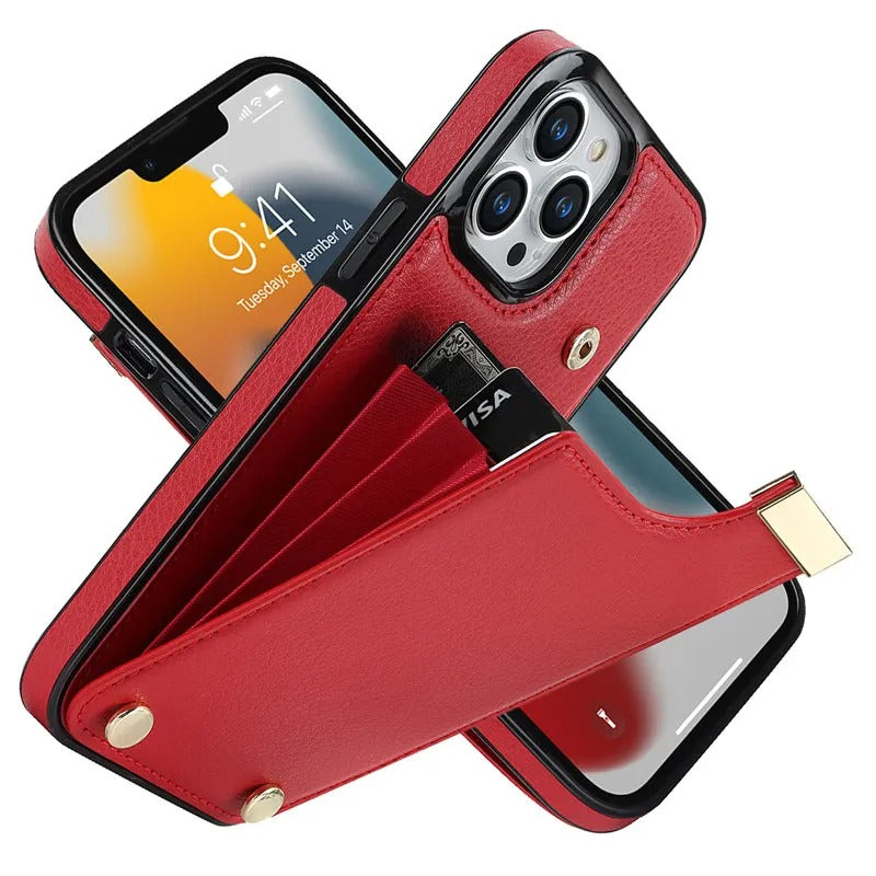 Luxury iPhone Case — Leather Wallet Cover with Card Holders, Kickstand Function, Full-Body Shockproof Protection in a Stylish Functional Design