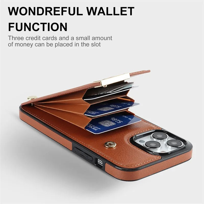 Luxury iPhone Case — Leather Wallet Cover with Card Holders, Kickstand Function, Full-Body Shockproof Protection in a Stylish Functional Design