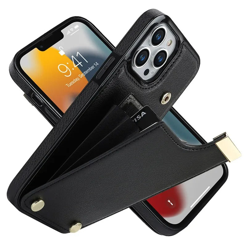 Luxury iPhone Case — Leather Wallet Cover with Card Holders, Kickstand Function, Full-Body Shockproof Protection in a Stylish Functional Design