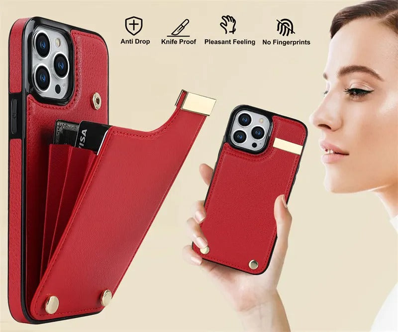 Luxury iPhone Case — Leather Wallet Cover with Card Holders, Kickstand Function, Full-Body Shockproof Protection in a Stylish Functional Design