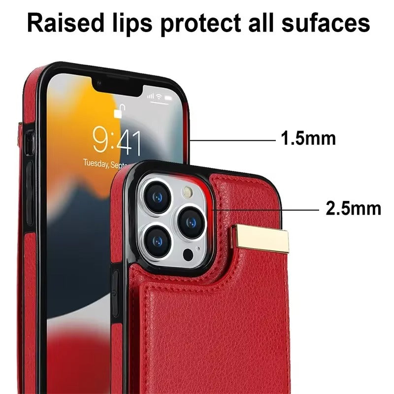 Luxury iPhone Case — Leather Wallet Cover with Card Holders, Kickstand Function, Full-Body Shockproof Protection in a Stylish Functional Design