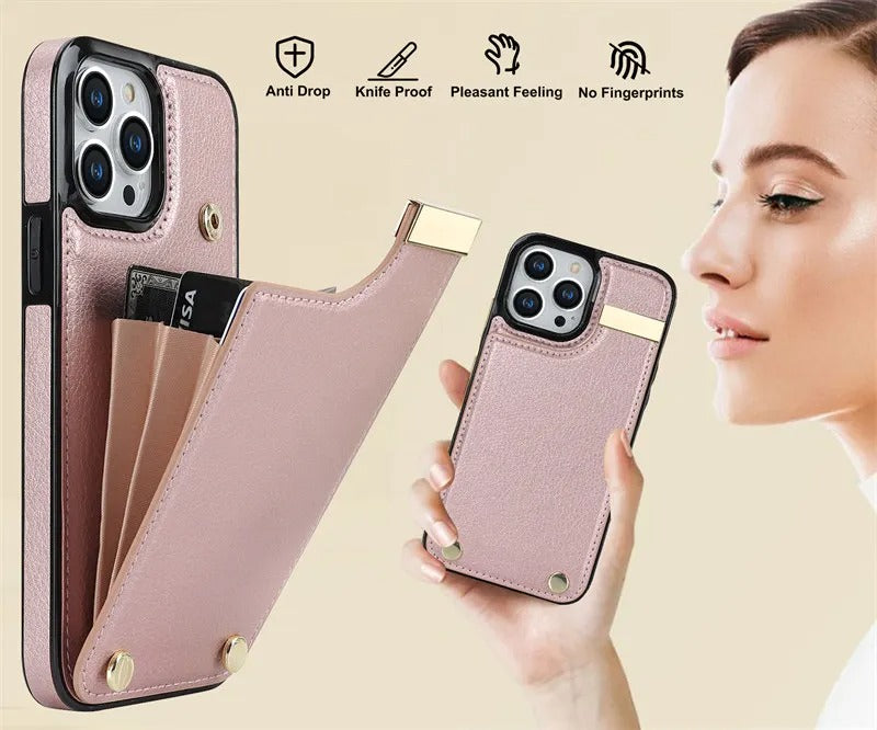 Luxury iPhone Case — Leather Wallet Cover with Card Holders, Kickstand Function, Full-Body Shockproof Protection in a Stylish Functional Design