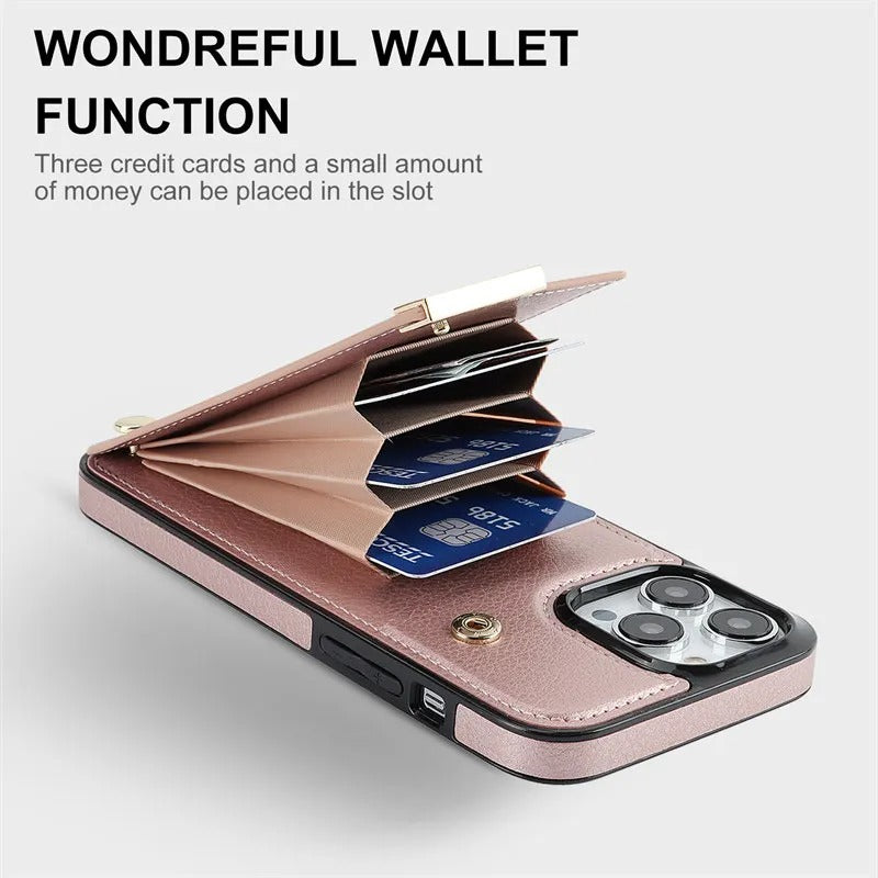 Luxury iPhone Case — Leather Wallet Cover with Card Holders, Kickstand Function, Full-Body Shockproof Protection in a Stylish Functional Design