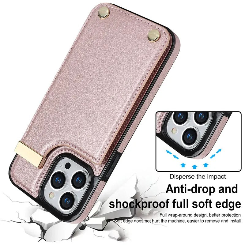 Luxury iPhone Case — Leather Wallet Cover with Card Holders, Kickstand Function, Full-Body Shockproof Protection in a Stylish Functional Design