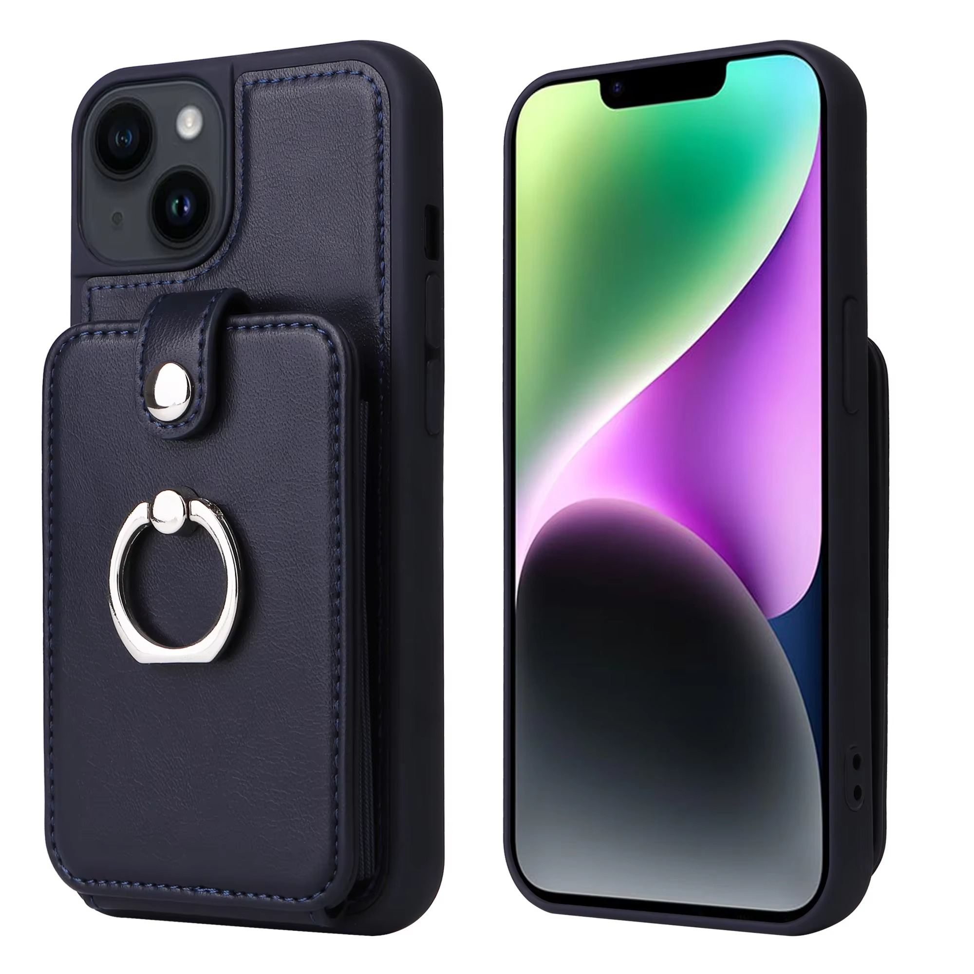 Luxury iPhone Case — Leather Wallet Cover with Ring Holder, Card Slot Design, Shockproof Protection and Anti-Fingerprint Scratch-Resistant Non-Slip Finish