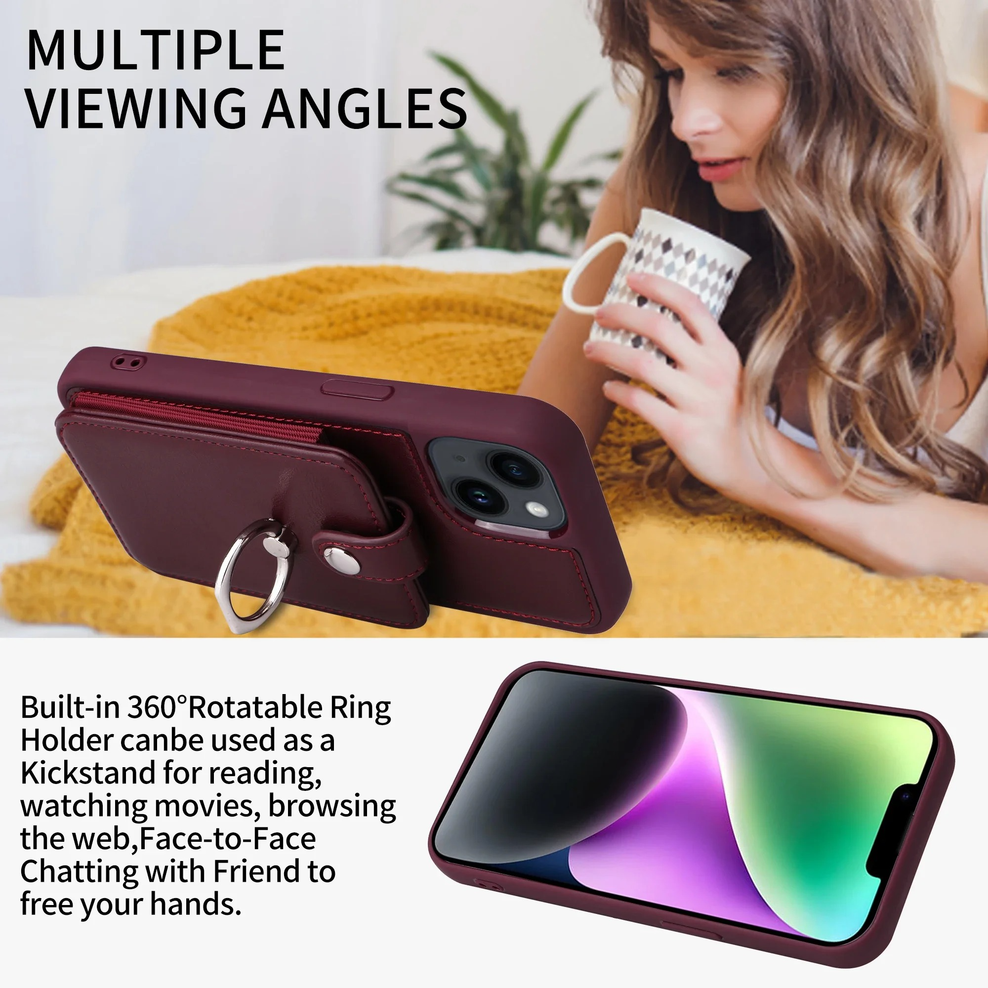 Luxury iPhone Case — Leather Wallet Cover with Ring Holder, Card Slot Design, Shockproof Protection and Anti-Fingerprint Scratch-Resistant Non-Slip Finish