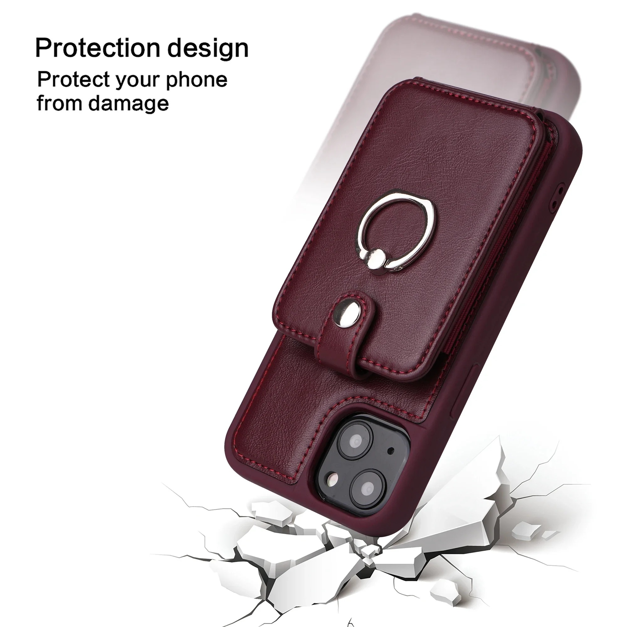 Luxury iPhone Case — Leather Wallet Cover with Ring Holder, Card Slot Design, Shockproof Protection and Anti-Fingerprint Scratch-Resistant Non-Slip Finish