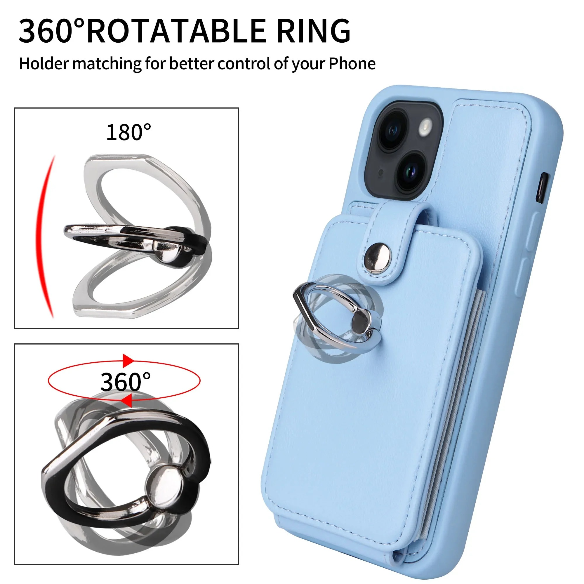 Luxury iPhone Case — Leather Wallet Cover with Ring Holder, Card Slot Design, Shockproof Protection and Anti-Fingerprint Scratch-Resistant Non-Slip Finish
