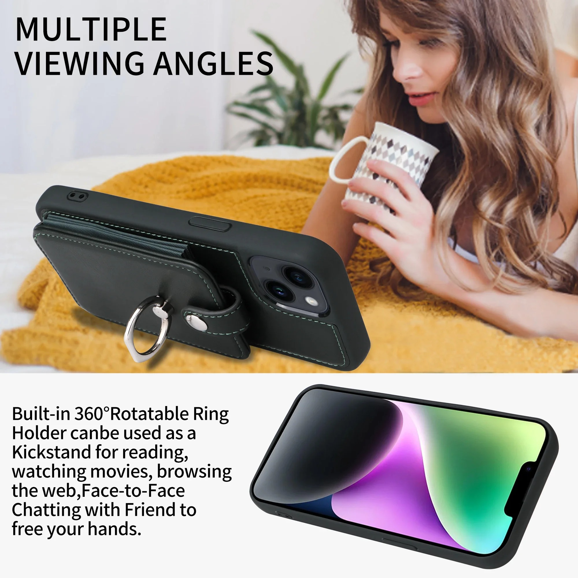 Luxury iPhone Case — Leather Wallet Cover with Ring Holder, Card Slot Design, Shockproof Protection and Anti-Fingerprint Scratch-Resistant Non-Slip Finish