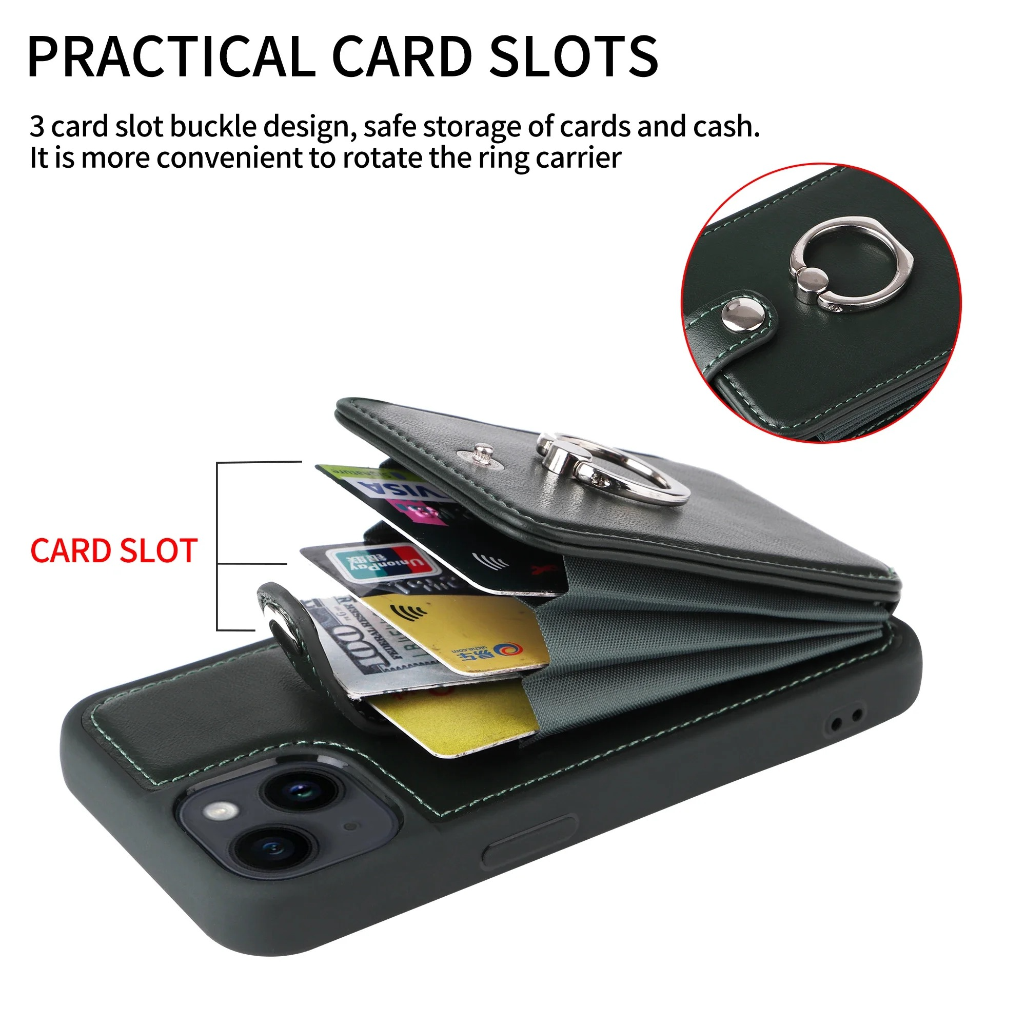 Luxury iPhone Case — Leather Wallet Cover with Ring Holder, Card Slot Design, Shockproof Protection and Anti-Fingerprint Scratch-Resistant Non-Slip Finish
