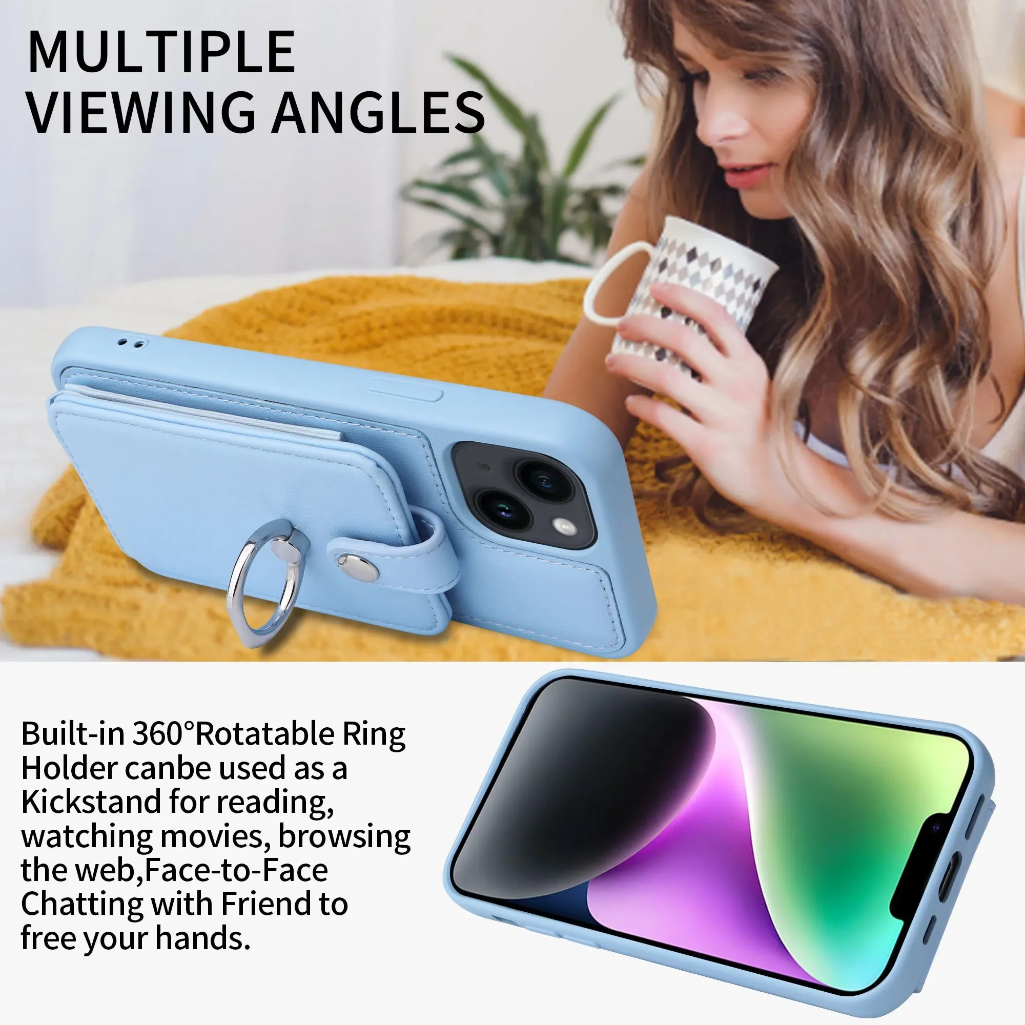 Luxury iPhone Case — Leather Wallet Cover with Ring Holder, Card Slot Design, Shockproof Protection and Anti-Fingerprint Scratch-Resistant Non-Slip Finish
