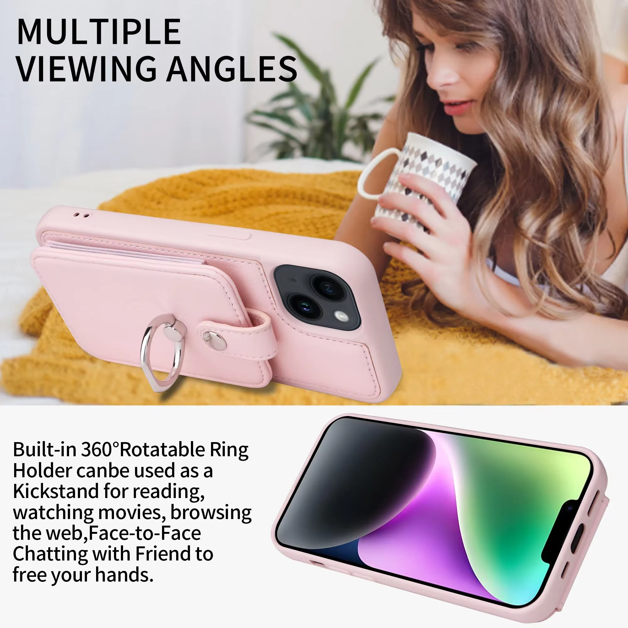 Luxury iPhone Case — Leather Wallet Cover with Ring Holder, Card Slot Design, Shockproof Protection and Anti-Fingerprint Scratch-Resistant Non-Slip Finish