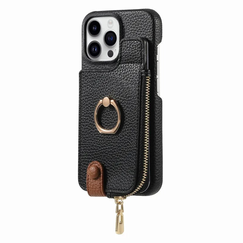 Luxury iPhone Case — Leather Zipper Wallet Cover with Card Holder Slot, Ring Kickstand, Magnetic Closure, Shockproof Drop Protection and Anti-Fingerprint Design