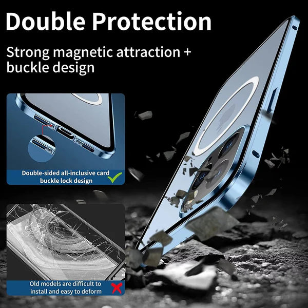 Luxury iPhone Case — MagSafe Double-Sided Glass Cover with 360° Full-Body Protection, HD Transparent Metal Alloy Frame and Magnetic Shockproof Anti-Fingerprint Design