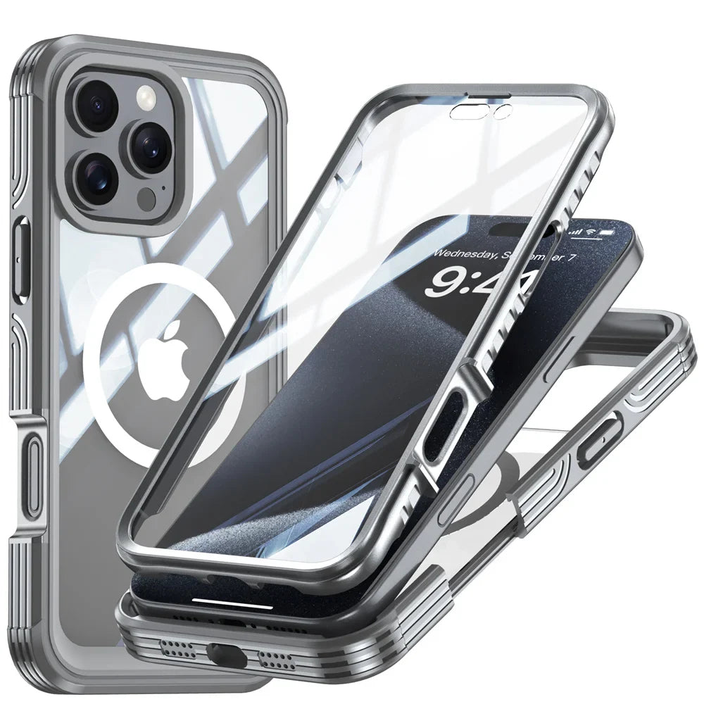 Luxury iPhone Case — Magnetic Double-Sided Tempered Glass Cover, MagSafe Compatible Full-Coverage Design with Dual-Layer Shockproof Protection and Anti-Fingerprint Transparency