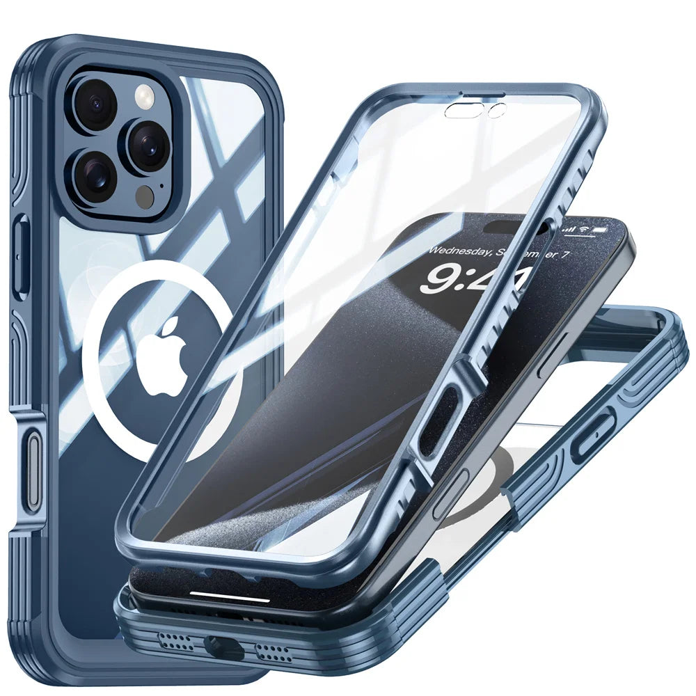 Luxury iPhone Case — Magnetic Double-Sided Tempered Glass Cover, MagSafe Compatible Full-Coverage Design with Dual-Layer Shockproof Protection and Anti-Fingerprint Transparency