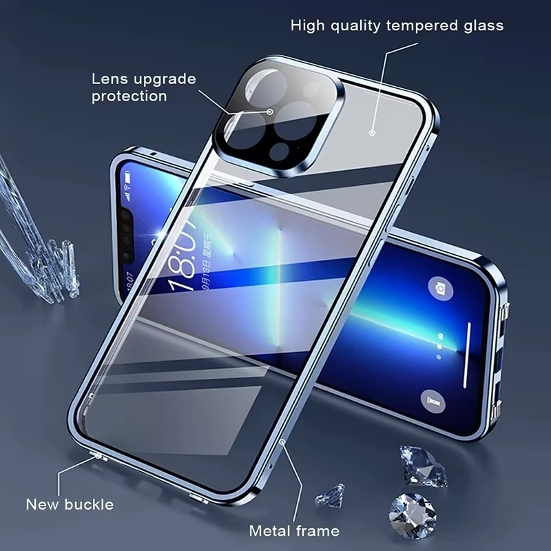 Luxury iPhone Case — Magnetic Metal Frame with Double-Sided Glass, 360° Full-Body Protection, Shockproof Transparent Cover and Slim Scratch-Resistant Durable Design