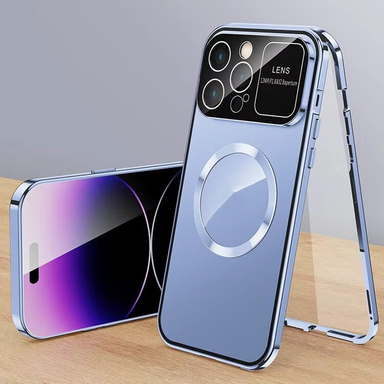 Luxury iPhone Case — Magnetic Metal Cover with Large Window Lens Protection, Aluminum Frame, Tempered Glass Screen Shield and Shockproof Slim Scratch-Resistant Design